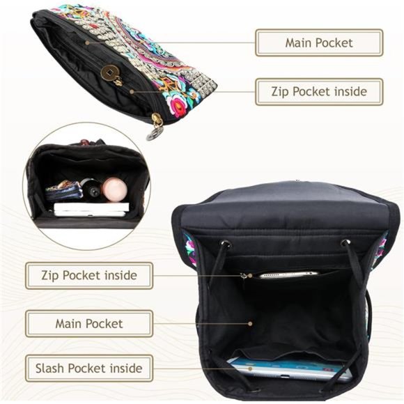 2 Pack Embroidered Backpack Purse & Small Wristlet Purse for Cellphone Coin Cash